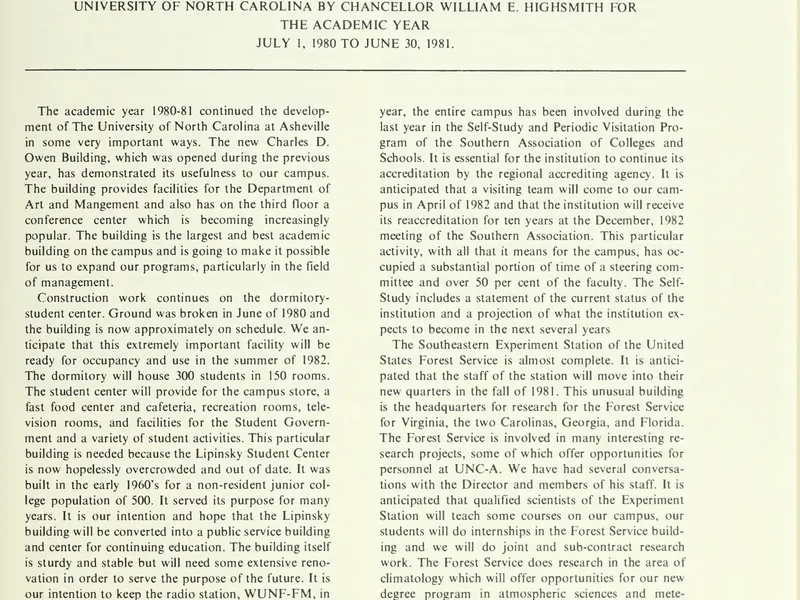 1980-1981 UNCA From UNC President Report